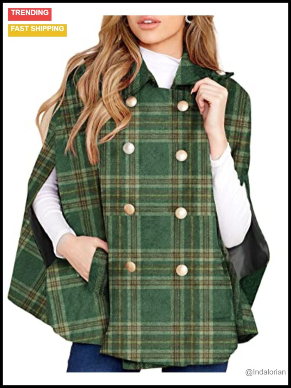 Green Plaid Wool Blend Cape Poncho Winter Coat Women Double Breasted